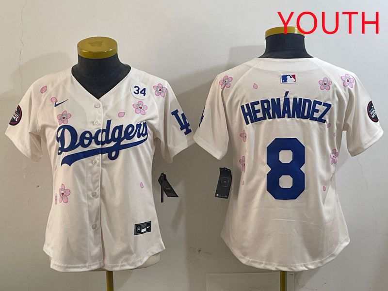 Youth Los Angeles Dodgers #8 Hernandez Cream Sakura Edition 2025 Nike MLB Jersey style 4->youth mlb jersey->Youth Jersey